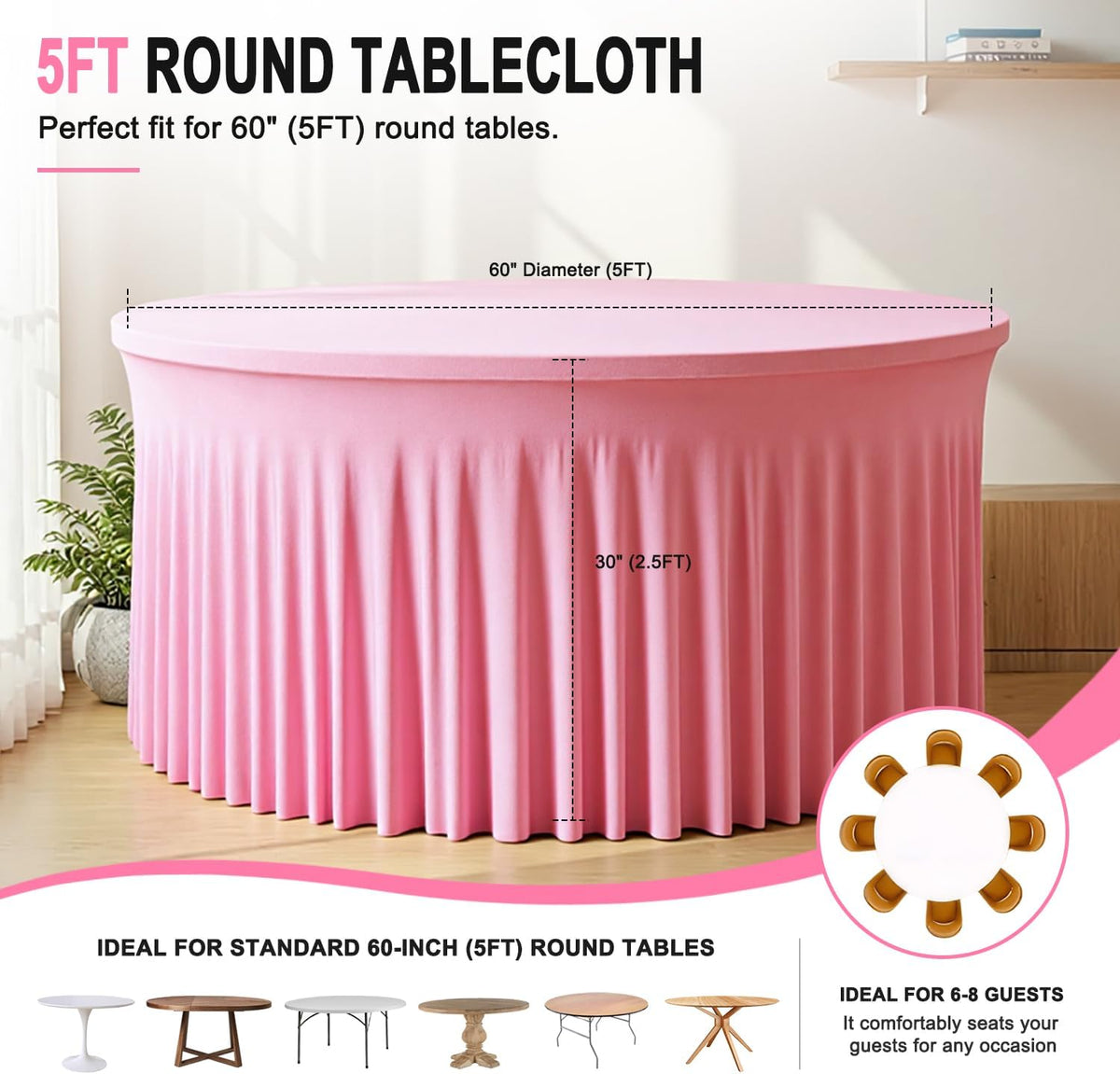 2 Pack Pink Table Cloths for 5FT Round Tables, Fitted Spandex 120 inch Round Tablecloth, Wrinkle Free Pink Table Skirt for Receptions Birthday Photography Social Events Engagement Party Decorations