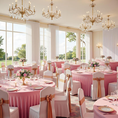2 Pack Pink Table Cloths for 5FT Round Tables, Fitted Spandex 120 inch Round Tablecloth, Wrinkle Free Pink Table Skirt for Receptions Birthday Photography Social Events Engagement Party Decorations