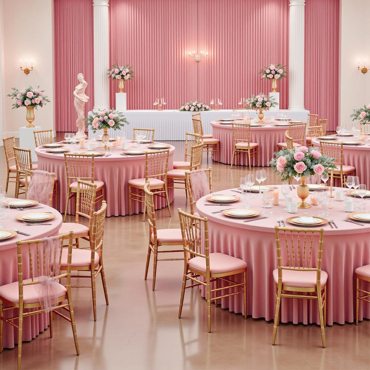 2 Pack Pink Table Cloths for 5FT Round Tables, Fitted Spandex 120 inch Round Tablecloth, Wrinkle Free Pink Table Skirt for Receptions Birthday Photography Social Events Engagement Party Decorations