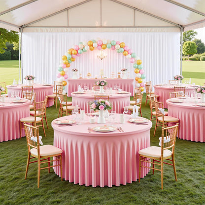 2 Pack Pink Table Cloths for 5FT Round Tables, Fitted Spandex 120 inch Round Tablecloth, Wrinkle Free Pink Table Skirt for Receptions Birthday Photography Social Events Engagement Party Decorations