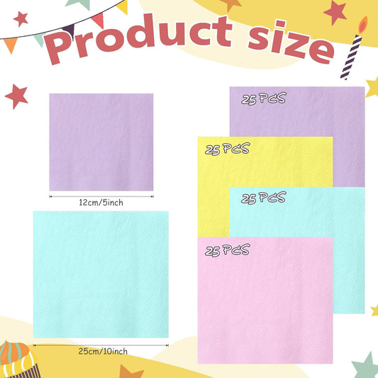 Layhit 100 Pcs Cocktail Napkins Disposable Beverage Napkins Square Paper Dessert Tissue for Wedding Birthday Celebration Party Supplies(Pastel Color,5 x 5 Inch)