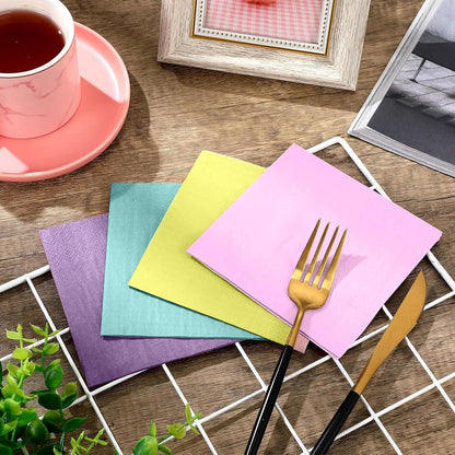 Layhit 100 Pcs Cocktail Napkins Disposable Beverage Napkins Square Paper Dessert Tissue for Wedding Birthday Celebration Party Supplies(Pastel Color,5 x 5 Inch)