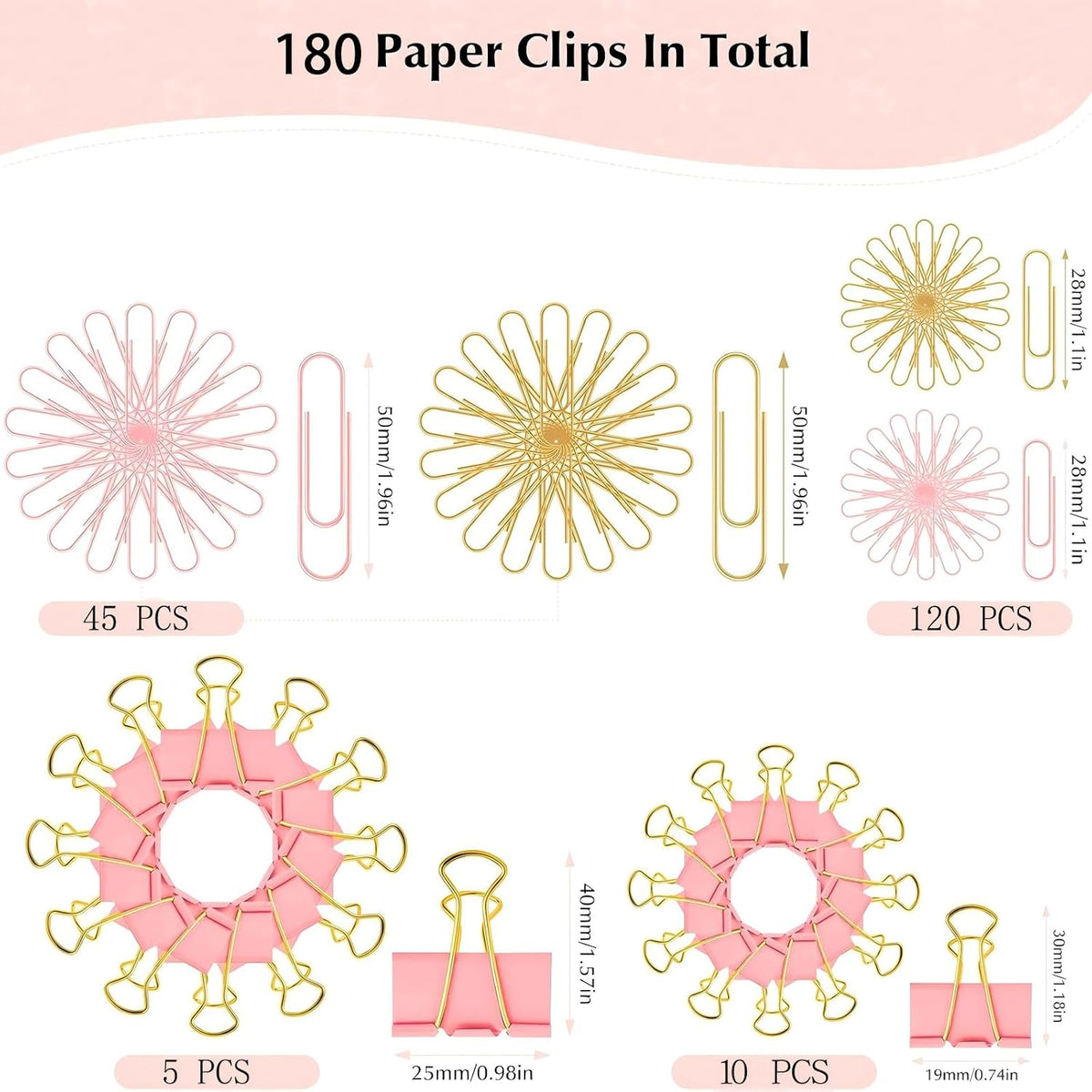 180 Pcs Pastel Pink & Gold Paper Clips and Binder Clips Set Assorted Size Office Desk Supplies for Paper Organization, School Planners, Home Document Fasteners (Metal Clips Kit)