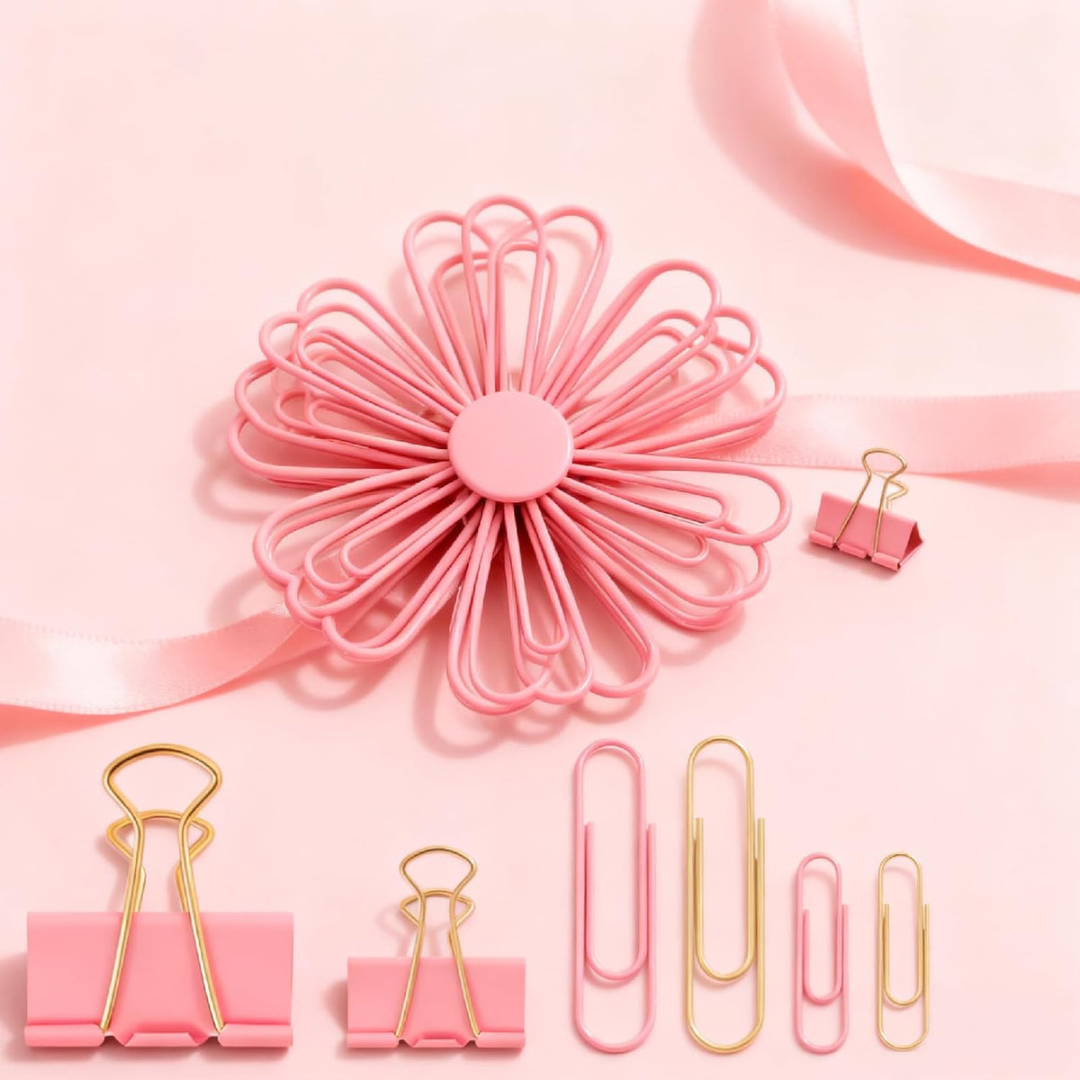 180 Pcs Pastel Pink & Gold Paper Clips and Binder Clips Set Assorted Size Office Desk Supplies for Paper Organization, School Planners, Home Document Fasteners (Metal Clips Kit)