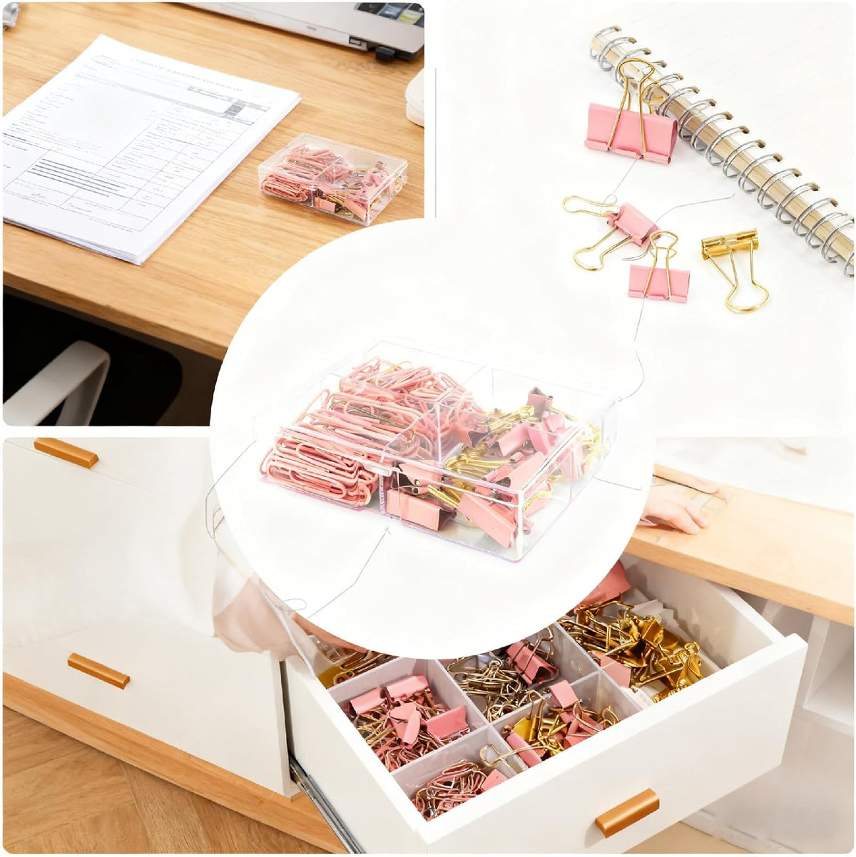 180 Pcs Pastel Pink & Gold Paper Clips and Binder Clips Set Assorted Size Office Desk Supplies for Paper Organization, School Planners, Home Document Fasteners (Metal Clips Kit)
