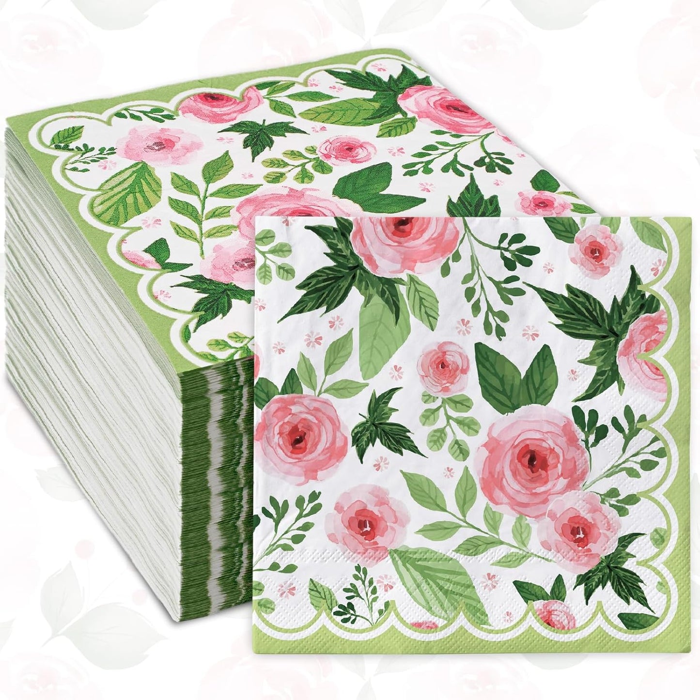 50Pcs Floral Paper Napkins Rose Flower Disposable Luncheon Napkin Spring Pink Flower Blossom Green Leaves Decorative Dessert Dinner Hand Napkin for Wedding Baby Shower Birthday
