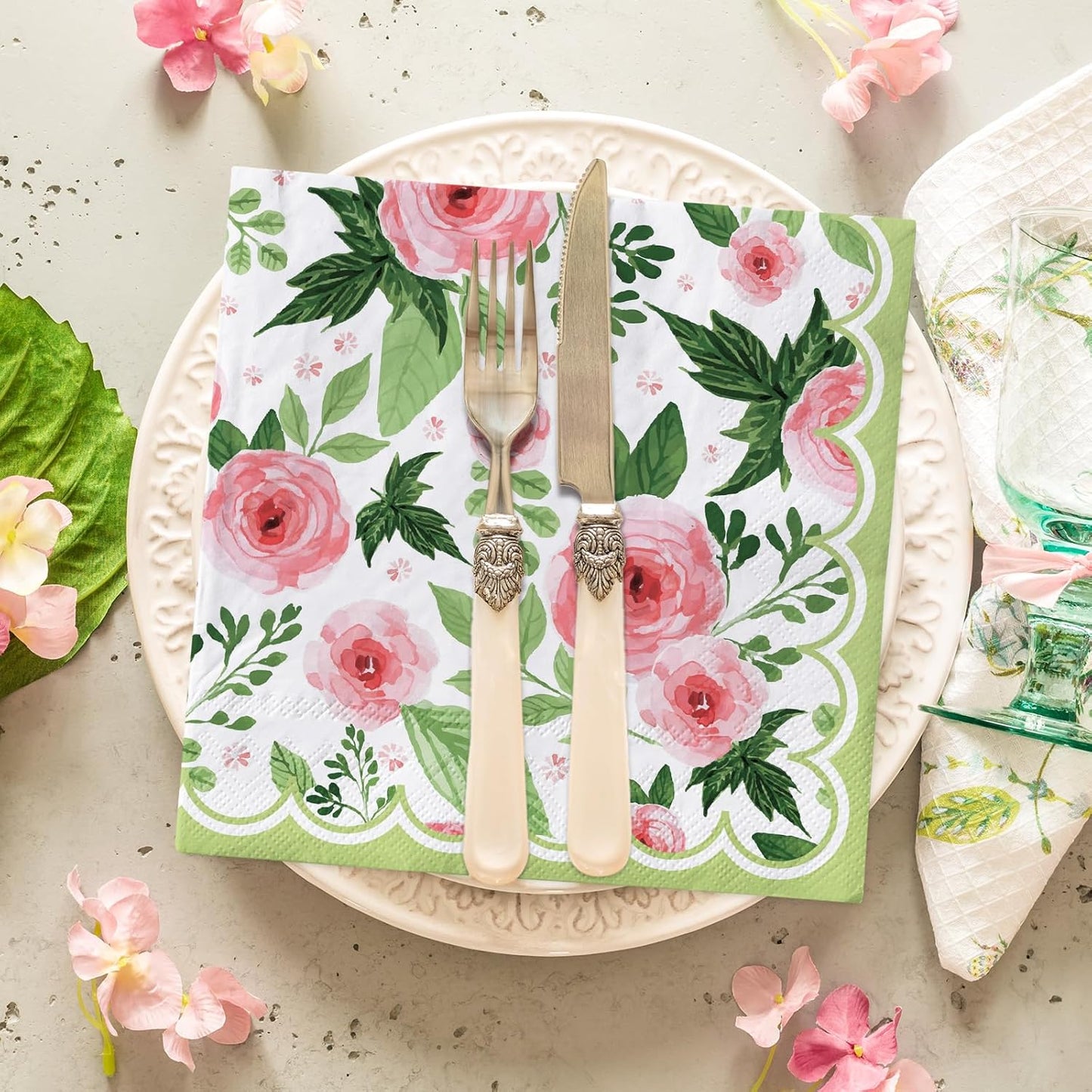 50Pcs Floral Paper Napkins Rose Flower Disposable Luncheon Napkin Spring Pink Flower Blossom Green Leaves Decorative Dessert Dinner Hand Napkin for Wedding Baby Shower Birthday