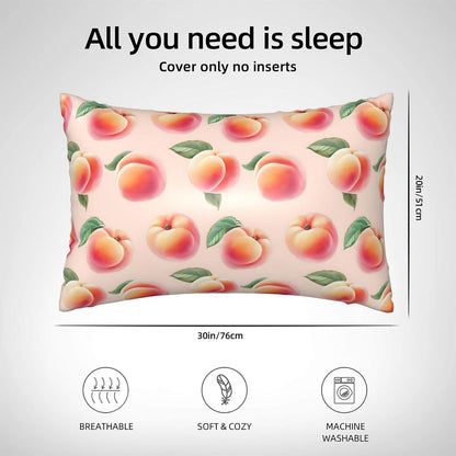 Pink Peach Fruit Cute Satin Pillowcase with Zipper 20x30 in Queen Size Pillows Cases Cover Soft Comfy Pillowcases for Hair and Skin(Without Inserts)