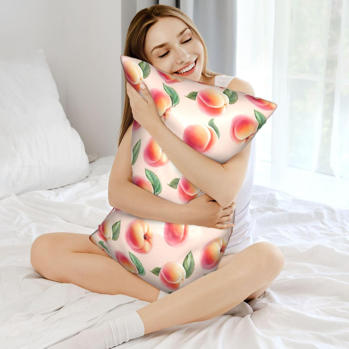 Pink Peach Fruit Cute Satin Pillowcase with Zipper 20x30 in Queen Size Pillows Cases Cover Soft Comfy Pillowcases for Hair and Skin(Without Inserts)