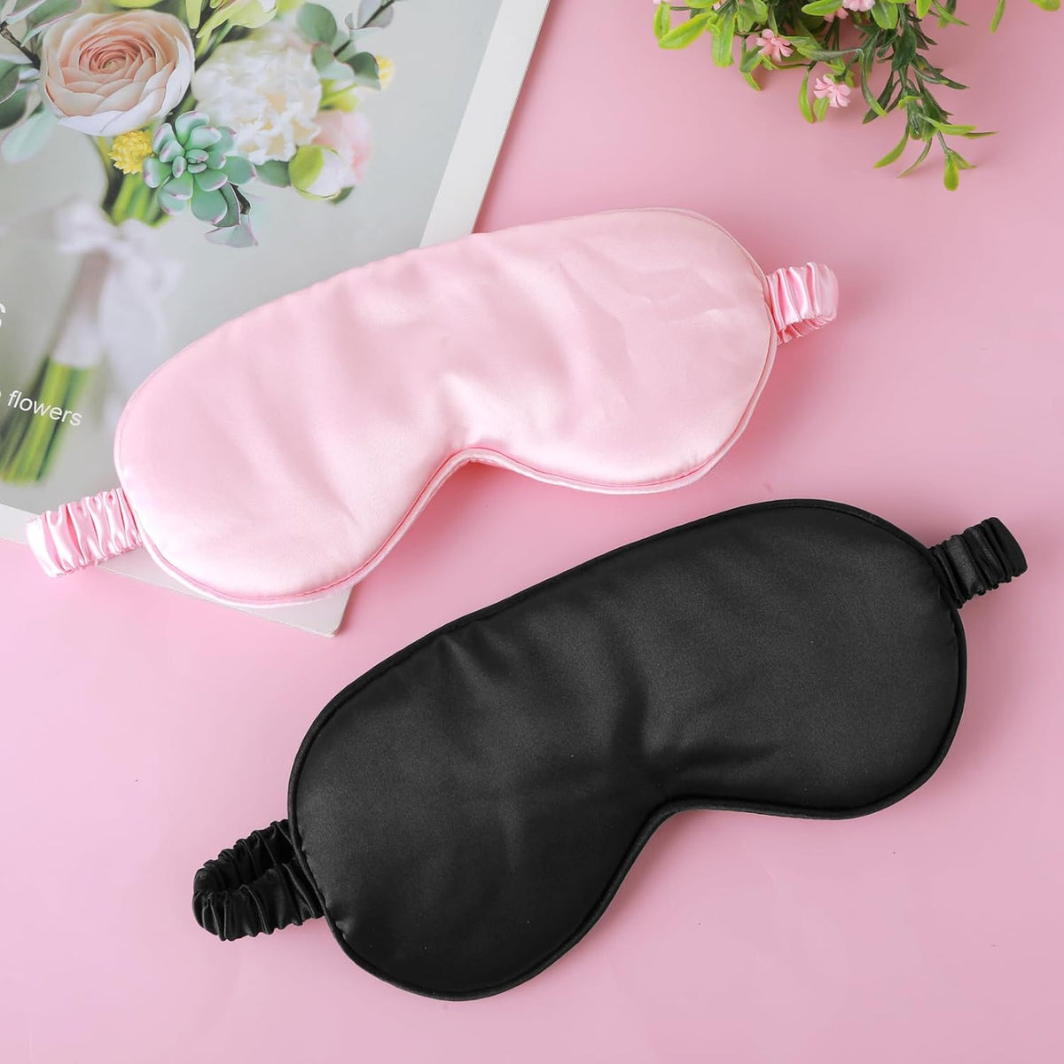 2 Pack Sleep Mask Silk Eye Mask Cover, Soft Satin Blindfold, Black&Pink