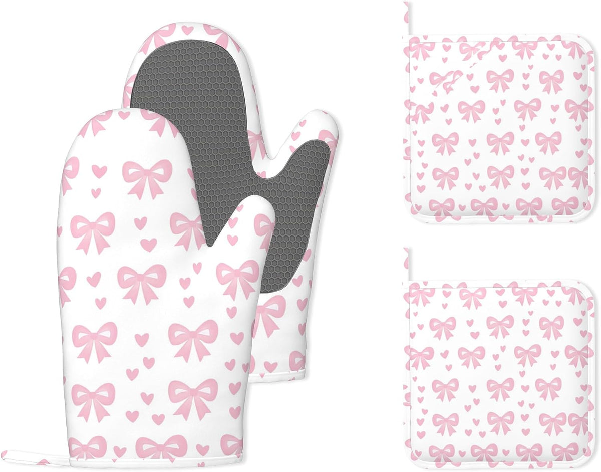 Cute Pink Bows Heat-Resistant Silicone Oven Mitts and Pot Holders 4 Piece Set,Extra Long Non-Slip Kitchen Oven Gloves for Cooking, Baking, BBQ,Grilling