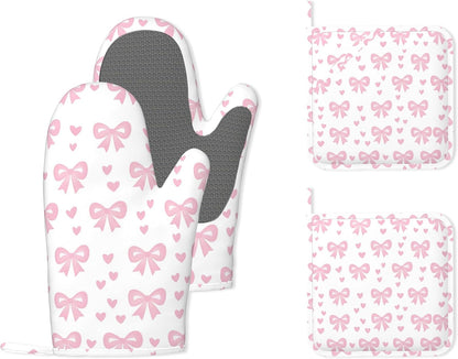 Cute Pink Bows Heat-Resistant Silicone Oven Mitts and Pot Holders 4 Piece Set,Extra Long Non-Slip Kitchen Oven Gloves for Cooking, Baking, BBQ,Grilling
