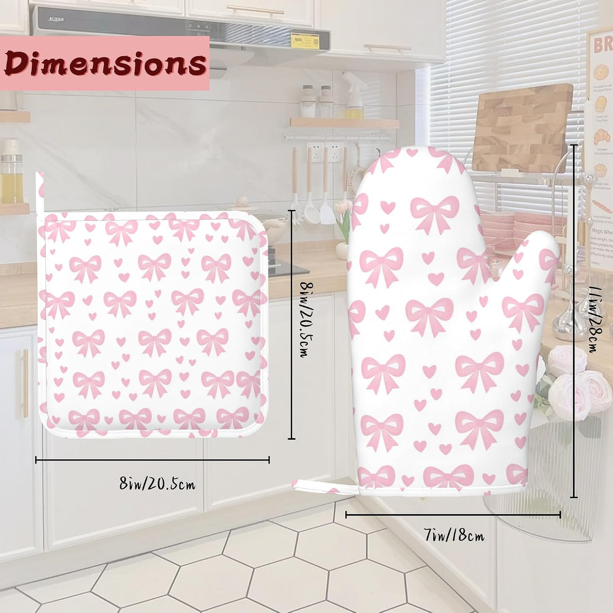 Cute Pink Bows Heat-Resistant Silicone Oven Mitts and Pot Holders 4 Piece Set,Extra Long Non-Slip Kitchen Oven Gloves for Cooking, Baking, BBQ,Grilling
