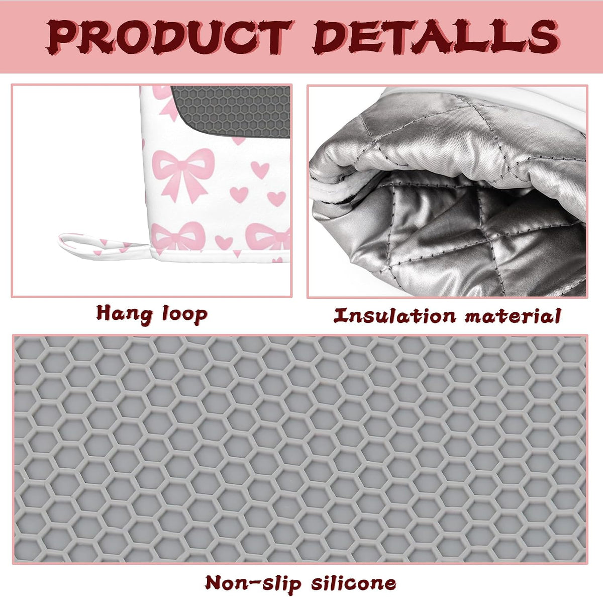 Cute Pink Bows Heat-Resistant Silicone Oven Mitts and Pot Holders 4 Piece Set,Extra Long Non-Slip Kitchen Oven Gloves for Cooking, Baking, BBQ,Grilling