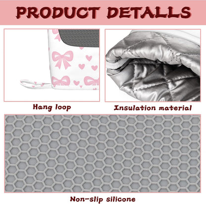 Cute Pink Bows Heat-Resistant Silicone Oven Mitts and Pot Holders 4 Piece Set,Extra Long Non-Slip Kitchen Oven Gloves for Cooking, Baking, BBQ,Grilling