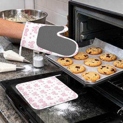 Cute Pink Bows Heat-Resistant Silicone Oven Mitts and Pot Holders 4 Piece Set,Extra Long Non-Slip Kitchen Oven Gloves for Cooking, Baking, BBQ,Grilling