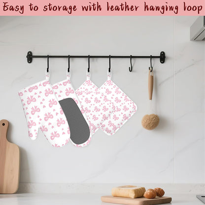 Cute Pink Bows Heat-Resistant Silicone Oven Mitts and Pot Holders 4 Piece Set,Extra Long Non-Slip Kitchen Oven Gloves for Cooking, Baking, BBQ,Grilling