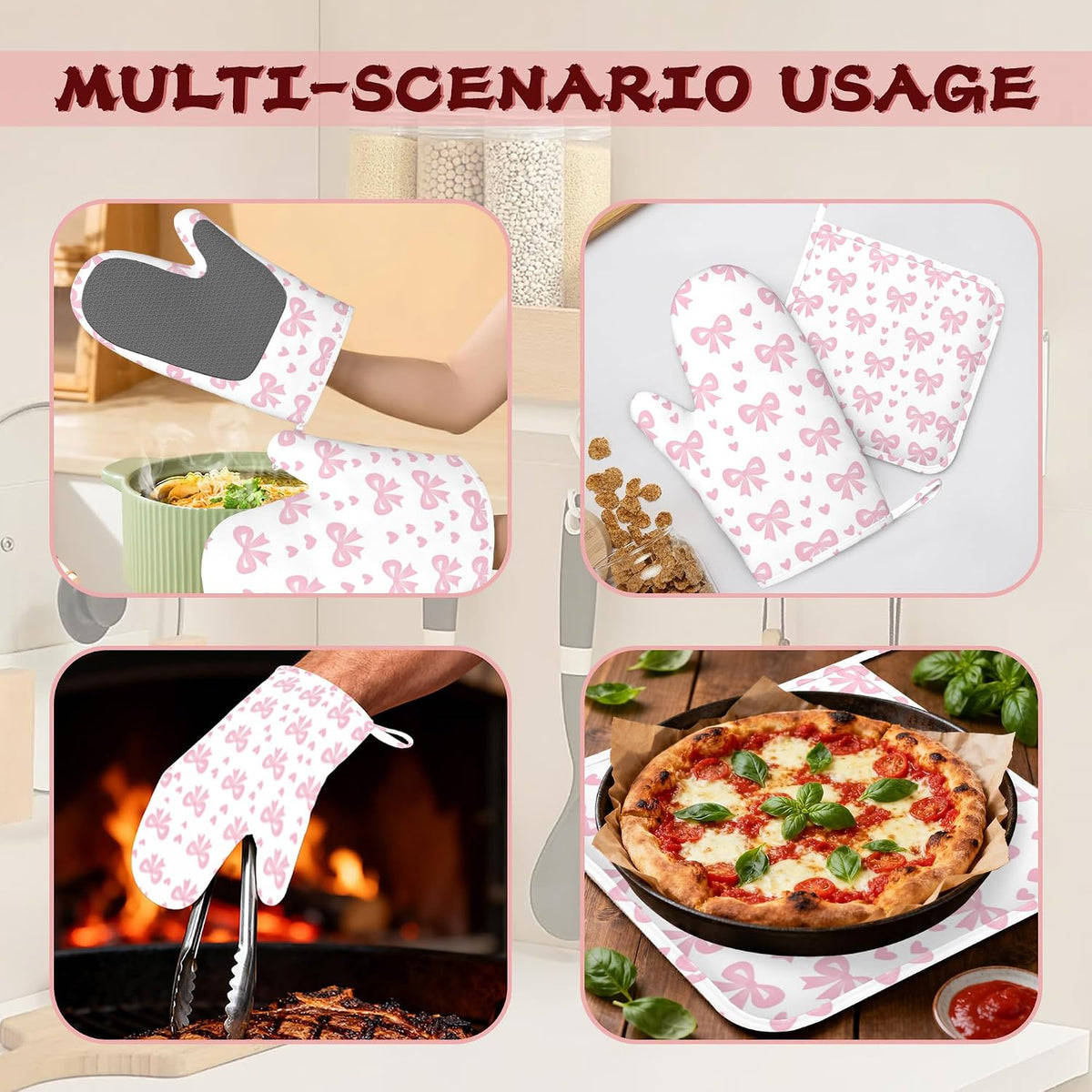 Cute Pink Bows Heat-Resistant Silicone Oven Mitts and Pot Holders 4 Piece Set,Extra Long Non-Slip Kitchen Oven Gloves for Cooking, Baking, BBQ,Grilling