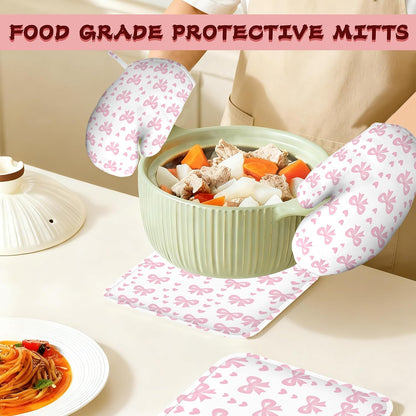 Cute Pink Bows Heat-Resistant Silicone Oven Mitts and Pot Holders 4 Piece Set,Extra Long Non-Slip Kitchen Oven Gloves for Cooking, Baking, BBQ,Grilling