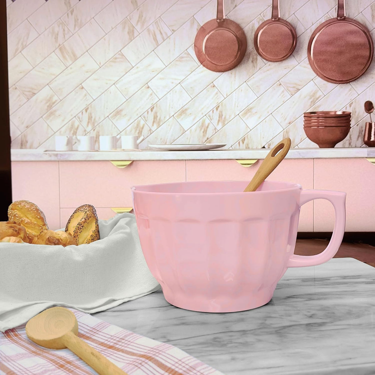 UP 4.3 Quart Latte Style Melamine Batter Bowl with Pour Spout and Handle, Professional Mixing Bowl with Non-Slip Base, Ideal for Pancake and Cake Batter, 11.5 x 8.75 Inch, Pink