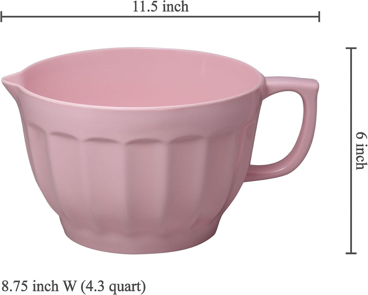 UP 4.3 Quart Latte Style Melamine Batter Bowl with Pour Spout and Handle, Professional Mixing Bowl with Non-Slip Base, Ideal for Pancake and Cake Batter, 11.5 x 8.75 Inch, Pink