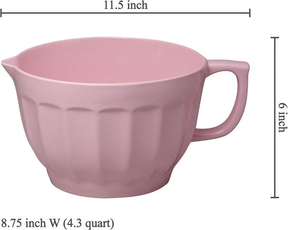 UP 4.3 Quart Latte Style Melamine Batter Bowl with Pour Spout and Handle, Professional Mixing Bowl with Non-Slip Base, Ideal for Pancake and Cake Batter, 11.5 x 8.75 Inch, Pink