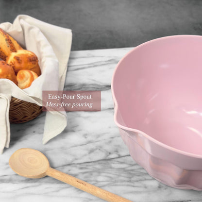 UP 4.3 Quart Latte Style Melamine Batter Bowl with Pour Spout and Handle, Professional Mixing Bowl with Non-Slip Base, Ideal for Pancake and Cake Batter, 11.5 x 8.75 Inch, Pink