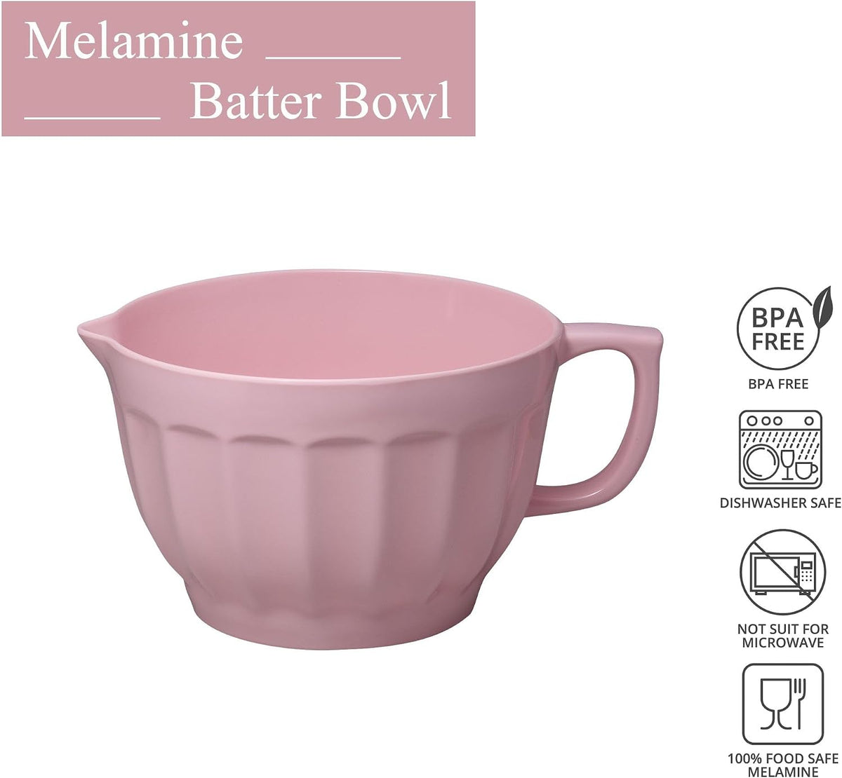 UP 4.3 Quart Latte Style Melamine Batter Bowl with Pour Spout and Handle, Professional Mixing Bowl with Non-Slip Base, Ideal for Pancake and Cake Batter, 11.5 x 8.75 Inch, Pink