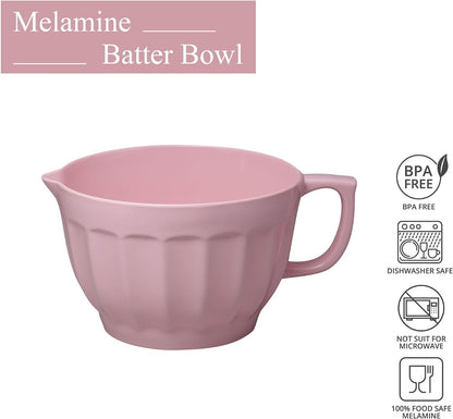UP 4.3 Quart Latte Style Melamine Batter Bowl with Pour Spout and Handle, Professional Mixing Bowl with Non-Slip Base, Ideal for Pancake and Cake Batter, 11.5 x 8.75 Inch, Pink