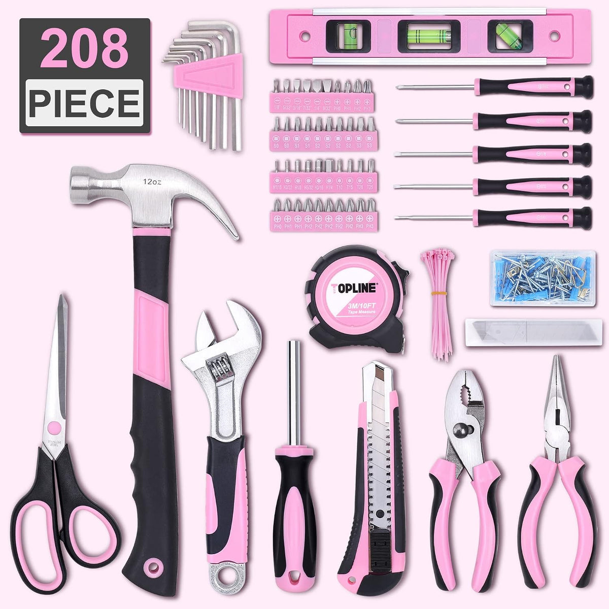 208-Piece Pink Tool Kits for Women with Round Pouch
