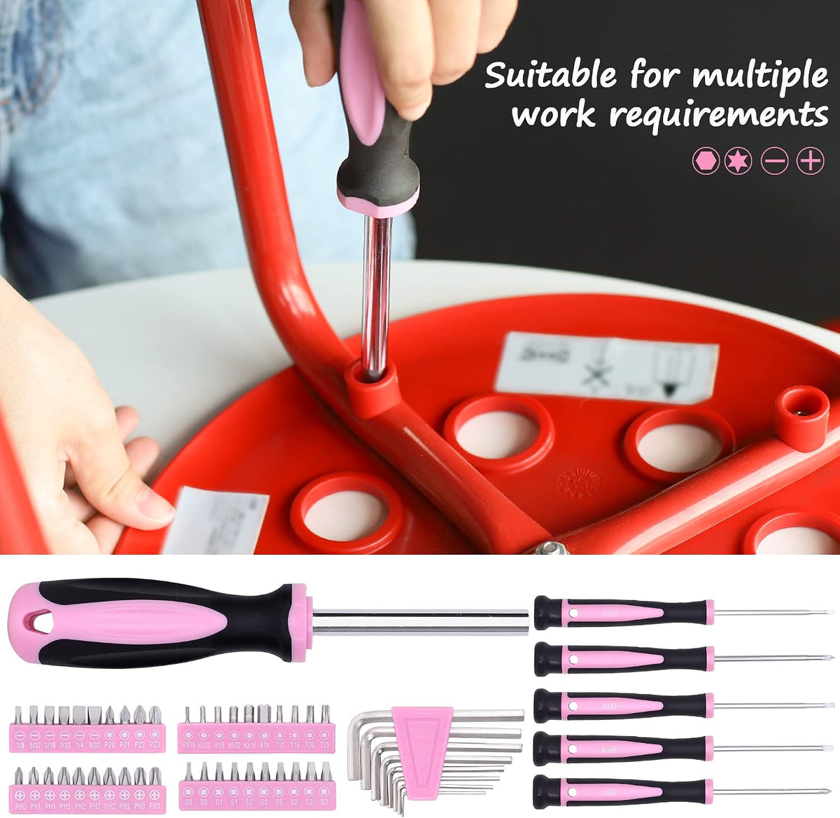 208-Piece Pink Tool Kits for Women with Round Pouch