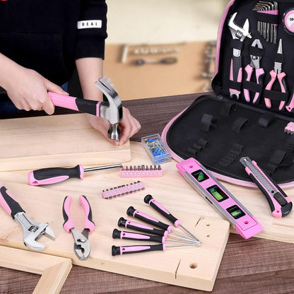 208-Piece Pink Tool Kits for Women with Round Pouch