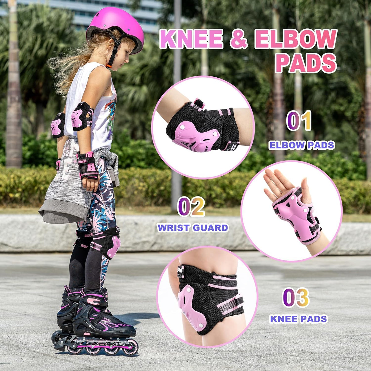 Knee Pads for Kids, Wrist Guards Knee and Elbow Pads Set with Drawstring Bag, Protective Gear Set for Girls Boys Roller Skating Cycling Skateboard - Pink Small