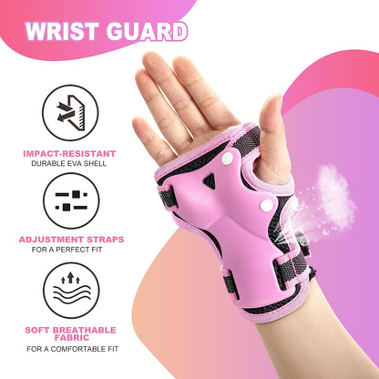 Knee Pads for Kids, Wrist Guards Knee and Elbow Pads Set with Drawstring Bag, Protective Gear Set for Girls Boys Roller Skating Cycling Skateboard - Pink Small