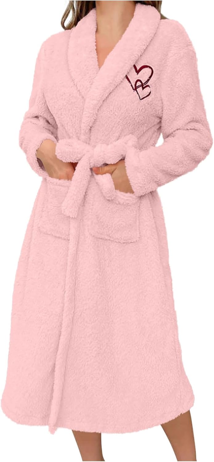 Women's Robe Long Plush Soft Bathrobe Cute Heart Printed Robes Shawl Collar Sleepwear with Pockets