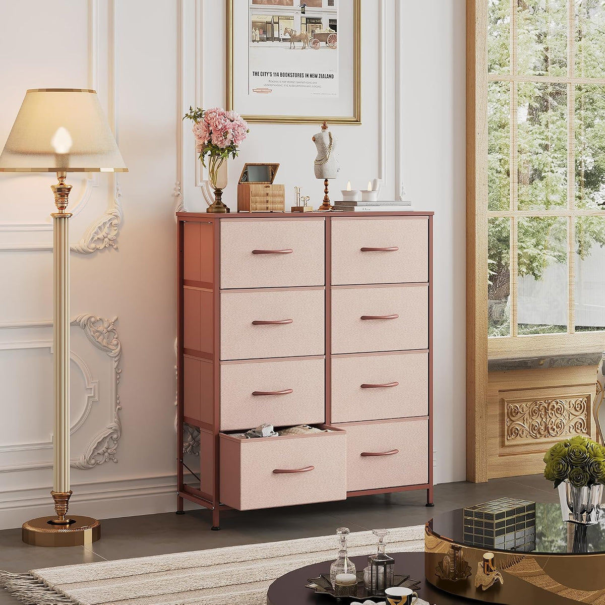 8 Drawer Fabric Dresser for Bedroom, Tall Storage Tower, Pink