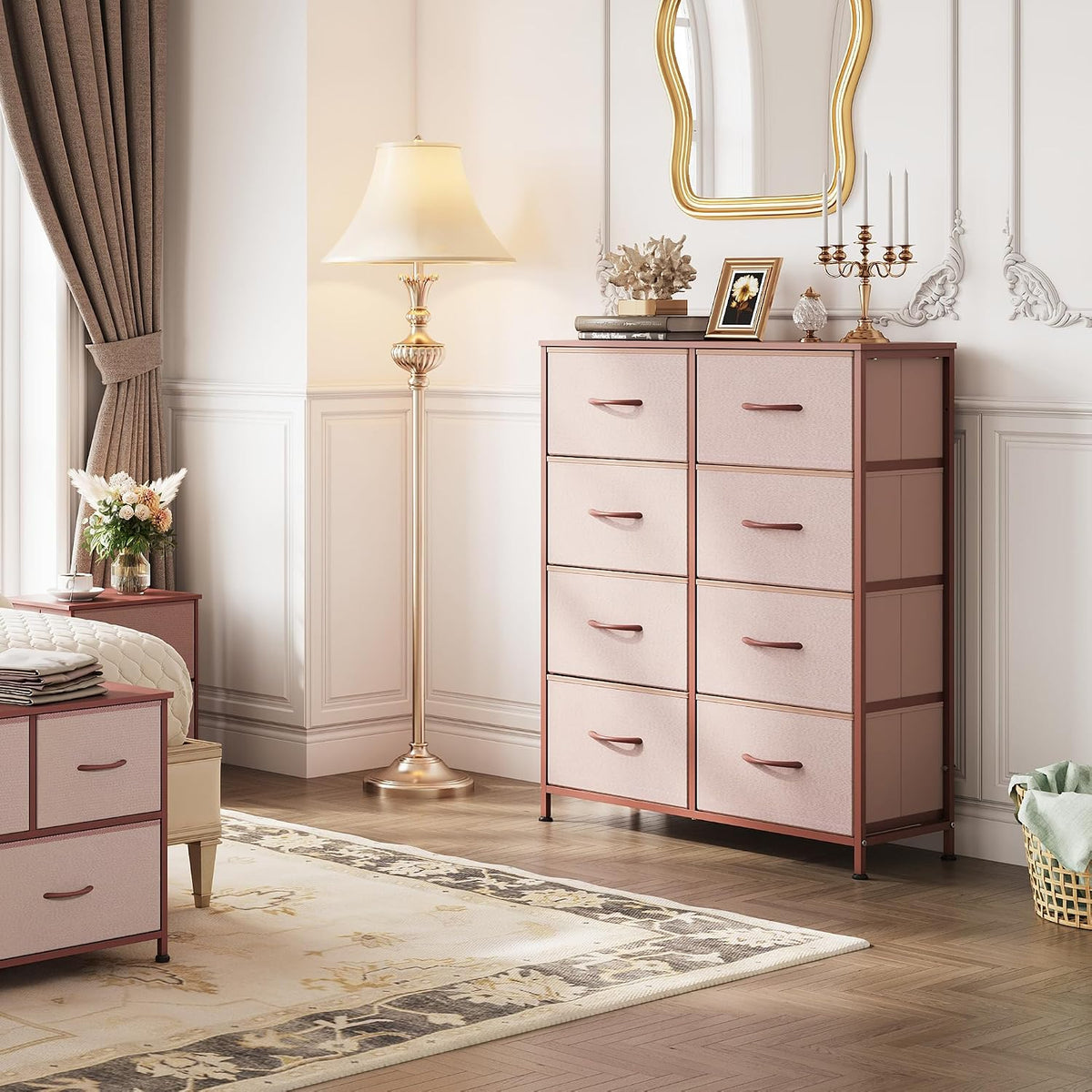8 Drawer Fabric Dresser for Bedroom, Tall Storage Tower, Pink