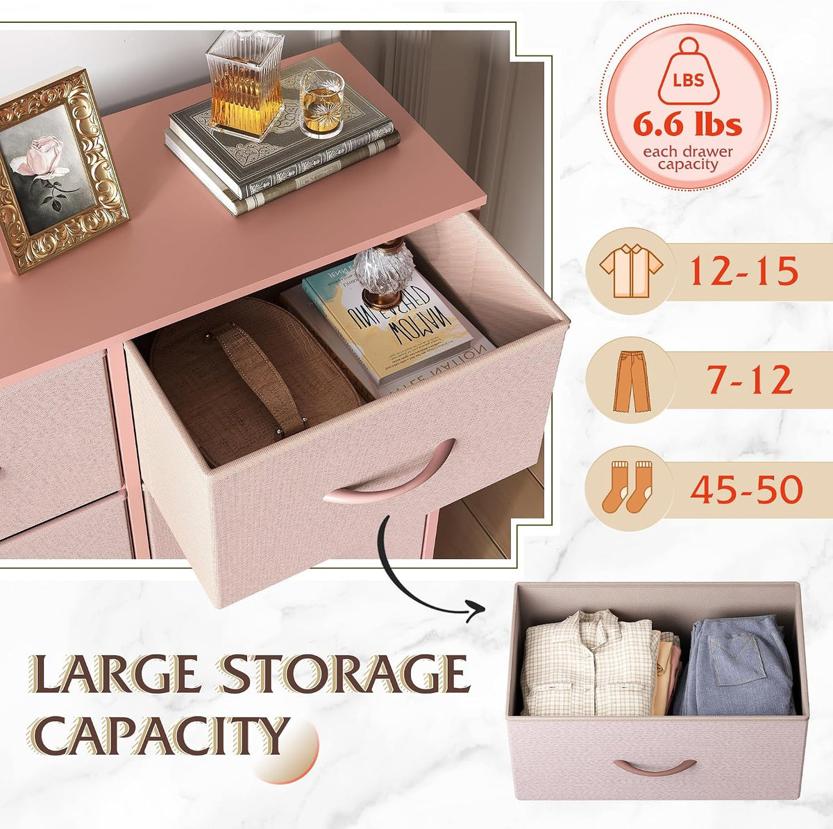 8 Drawer Fabric Dresser for Bedroom, Tall Storage Tower, Pink