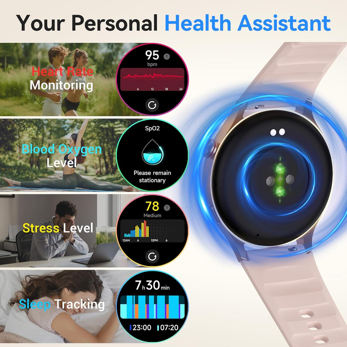 Smart Watch for Women,1.3" AMOLED Touchscreen Fitness Tracker, Make/Answer Calls, Heart Rate SpO2 Monitor, 3ATM Waterproof, Sleep & Activity Tracking Smartwatch for Android Phones iPhone
