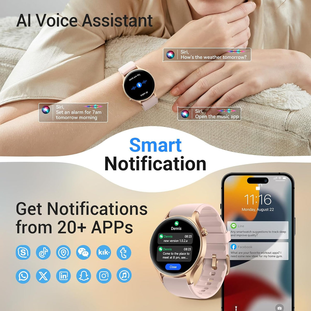 Smart Watch for Women,1.3" AMOLED Touchscreen Fitness Tracker, Make/Answer Calls, Heart Rate SpO2 Monitor, 3ATM Waterproof, Sleep & Activity Tracking Smartwatch for Android Phones iPhone