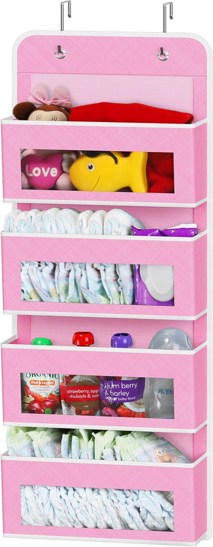 4 Clear Window Pocket Over Door Hanging Organizer, Pink