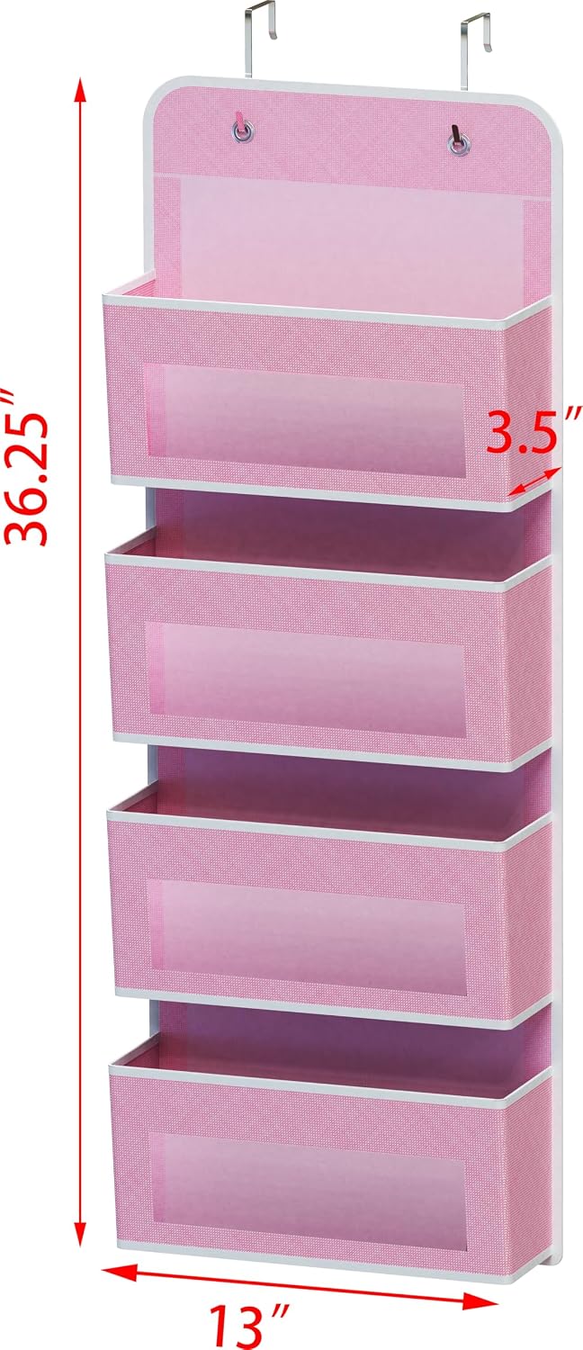 4 Clear Window Pocket Over Door Hanging Organizer, Pink