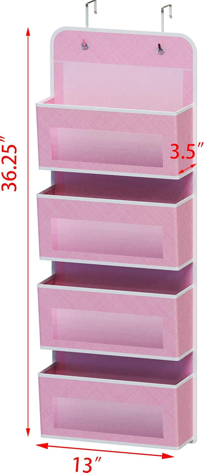 4 Clear Window Pocket Over Door Hanging Organizer, Pink