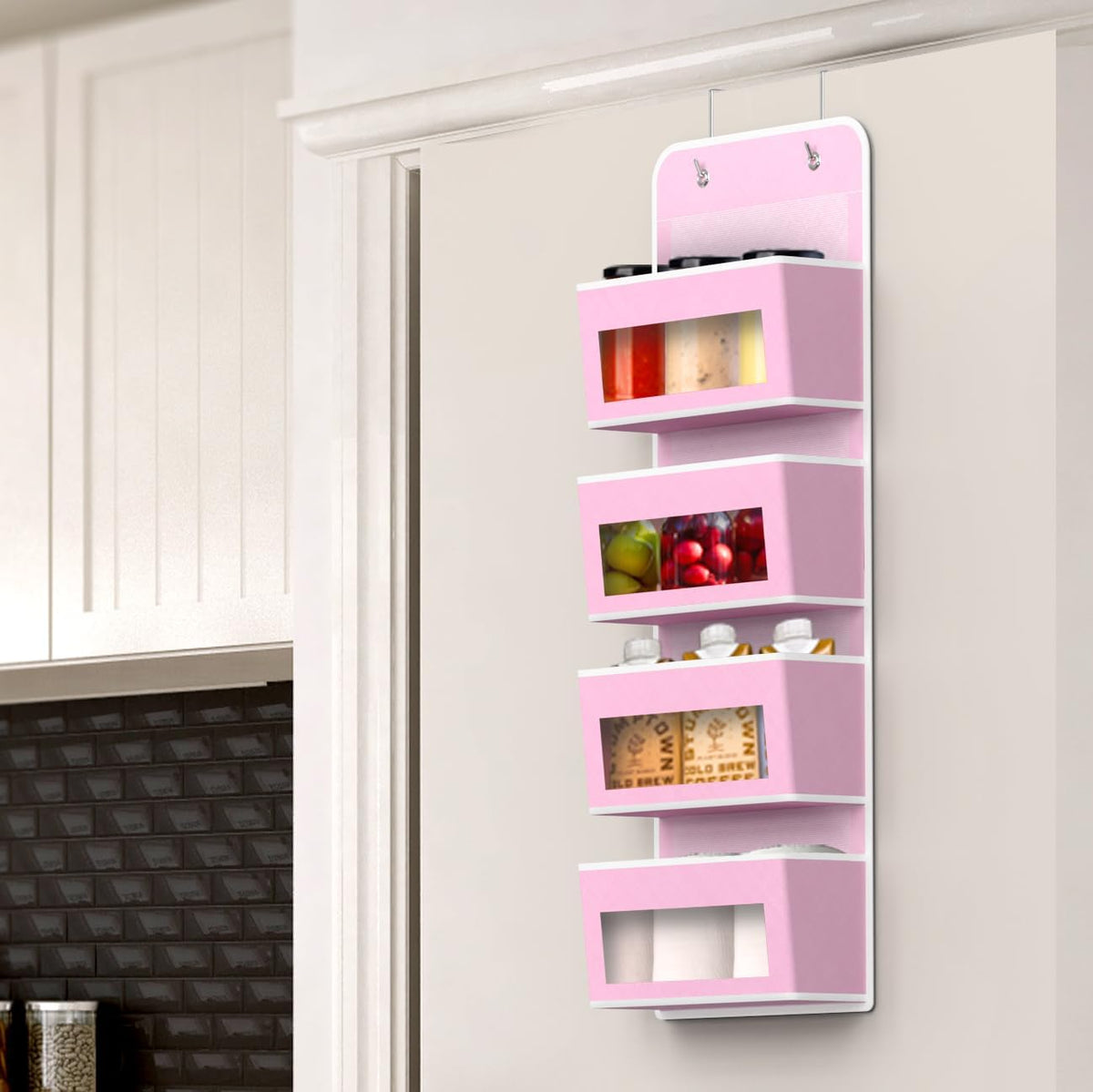 4 Clear Window Pocket Over Door Hanging Organizer, Pink