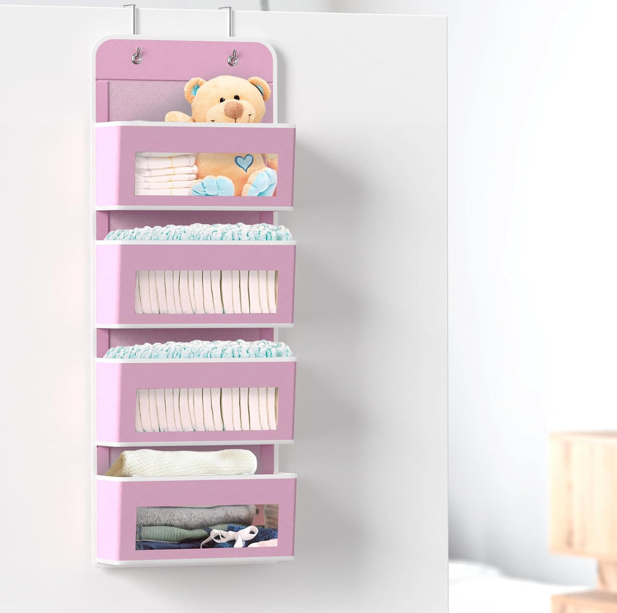 4 Clear Window Pocket Over Door Hanging Organizer, Pink