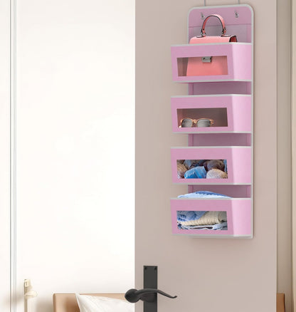 4 Clear Window Pocket Over Door Hanging Organizer, Pink