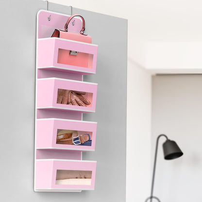 4 Clear Window Pocket Over Door Hanging Organizer, Pink