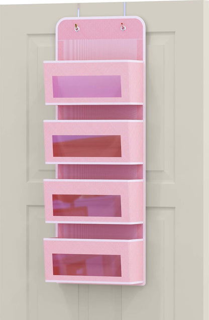 4 Clear Window Pocket Over Door Hanging Organizer, Pink