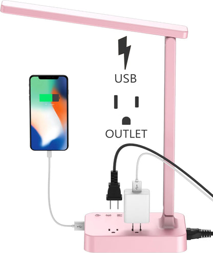 LED Desk Lamp, Desk Light with 1 USB Charging Port and 2 AC Power Outlet, 3 Lighting Modes, 3 Level Brightness,1H Timer, Touch Control, Eye-Caring Home Office Foldable Table Lamp (Pink)
