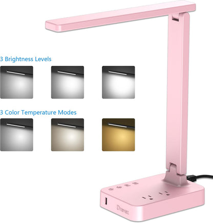 LED Desk Lamp, Desk Light with 1 USB Charging Port and 2 AC Power Outlet, 3 Lighting Modes, 3 Level Brightness,1H Timer, Touch Control, Eye-Caring Home Office Foldable Table Lamp (Pink)